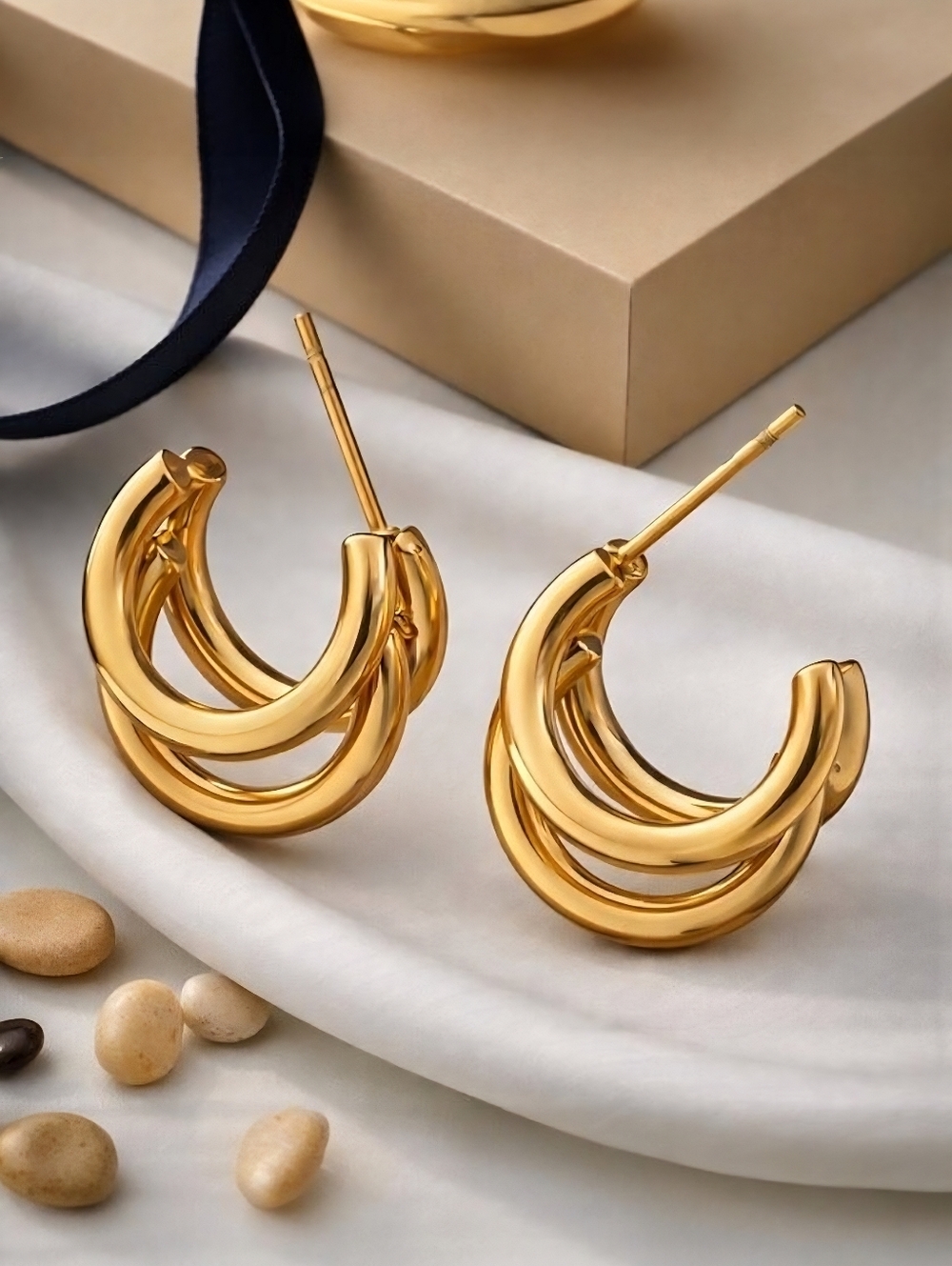 18K Gold Plated Stainless Steel Triple Hoops Chunky Sculptural Split Earrings
